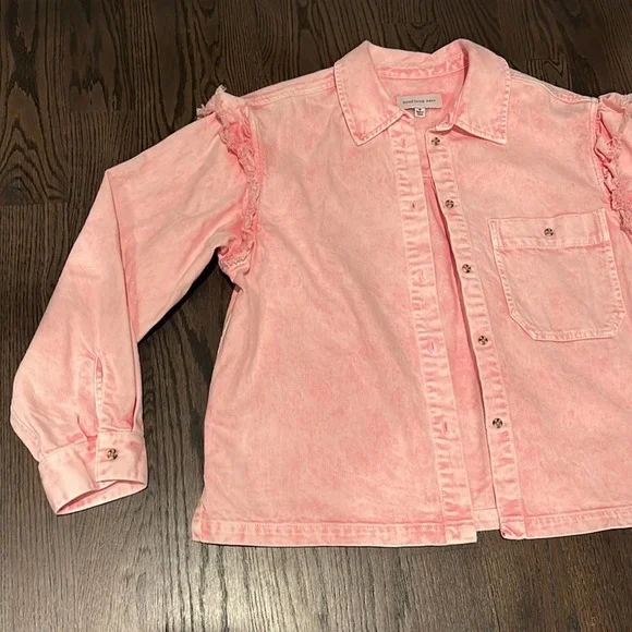 Something Navy Pink Denim Set - Magnolia Ruffle Shirt Jacket & Shorts